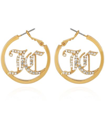 Juicy Couture Goldtone Hoops With J & C Glass Stone Bedazzled Initials Logo Earrings - Metallic