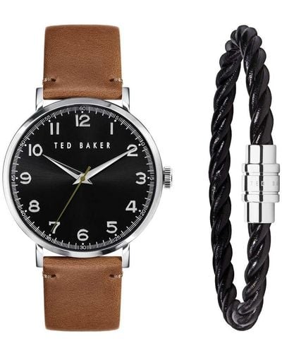 Ted Baker Phylipa Gents Brown Leather Strap Watch & Black Bracelet Box Set