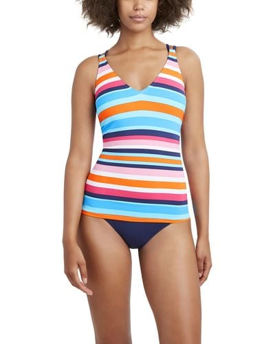 Nautica Standard Double Crossback Tankini V Neck Tummy Control Removable Cup Adjustable Strap Swimsuit Top - Blue