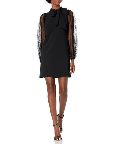 Vince Camuto Bow Neck Shift Dress With Mesh Dot Sleeves - Black