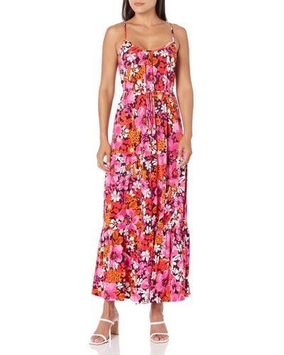 Donna Morgan Dresses Floral Printed Spaghetti Strap Tiered Maxi Dress With Tie At Waist
