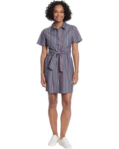 Maggy London London Times Plus Size Short Sleeve Shirt Dress With Waist Tie - Blue