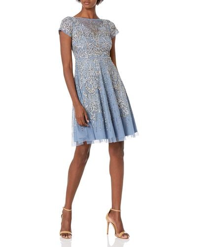 Aidan By Aidan Mattox Short Sleeve Beaded Fit And Flare Cocktail Dress - Blue