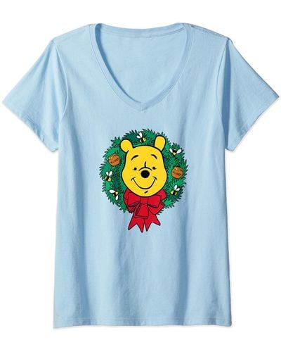 Amazon Essentials Winnie The Pooh Festive Holiday Christmas Wreath V-neck T-shirt - Blue