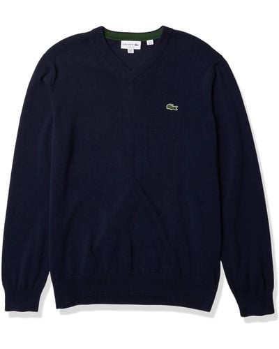 Lacoste Long Sleeve Regular Fit V-neck Organic Cotton Sweater - Blue