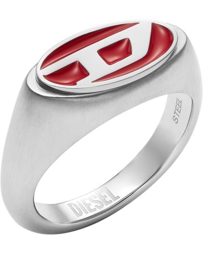 DIESEL Red Lacquer And Silver Stainless Steel Logo Signet Ring - Metallic
