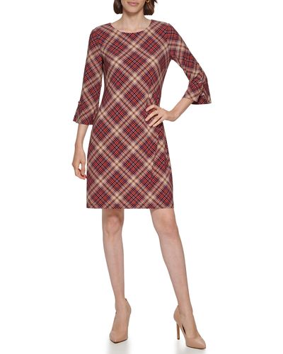 Tommy Hilfiger Plaid Jersey Bell Sleeve Dress - Red