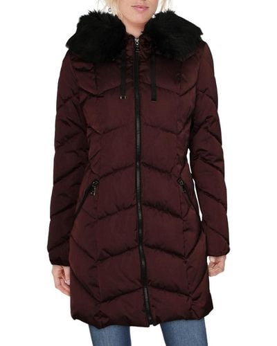 Tahari Puffer Jacket With Fur Trim And Chevron Pattern - Red