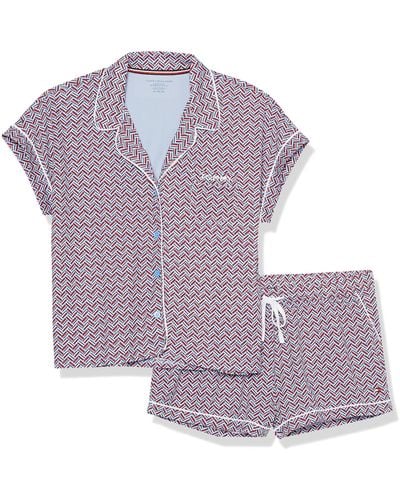 Tommy Hilfiger Womens Girlfriend Sleeved Top And Bottom Short Pj Pajama Set - Purple