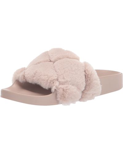 Steve Madden S Snooze Faux Fur Slip On Pool Slides Taupe 5 Medium - Black