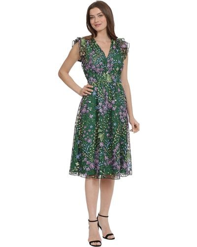 Maggy London V-neck Garden Floral Embroidered Dress Colorful Feminine Party Event Occasion Guest Of - Green