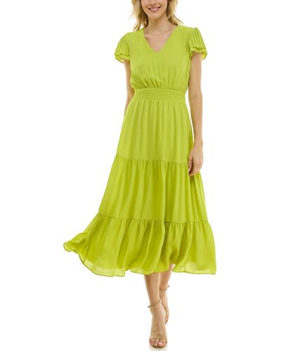 Nanette Lepore Tiered Pull On Fully Lined Dress With Smock Waist And Pleated Flutter Sleeve - Yellow