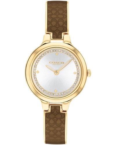 COACH 2h Quartz Bangle Watch With Enamel Signature "c" And Crystals - Water Resistant 3 Atm/30 Meters -gift For Her - Premium Fashion - Metallic