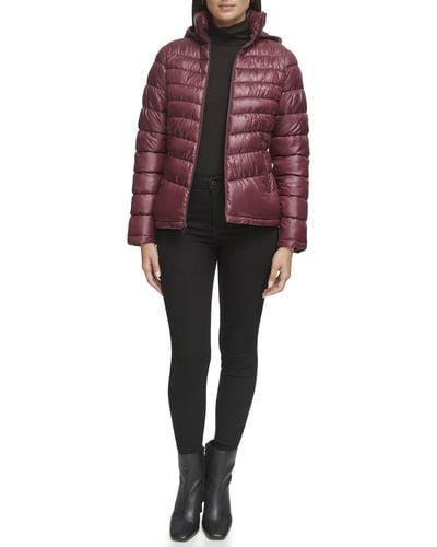 Kenneth Cole Ruched Quilted Hooded Packable - Red