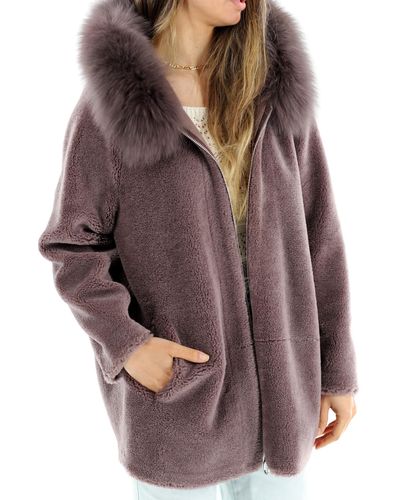 La Fiorentina Shearling Jacket With Fox Fur Hood - Purple