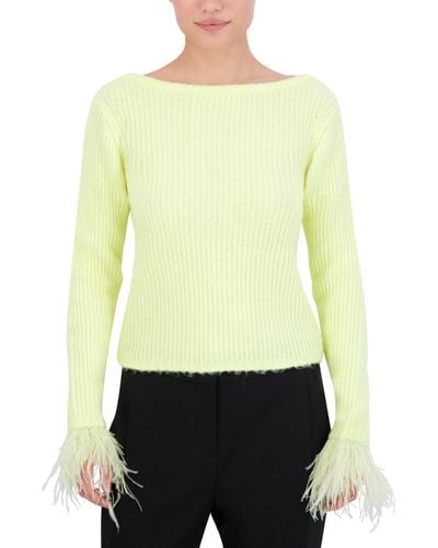 BCBGMAXAZRIA Boat Neck Long Sleeve Feather Cuff Sweater Top - Yellow