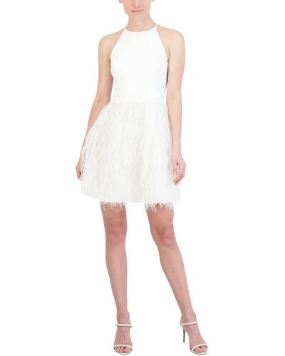 BCBGMAXAZRIA Fit And Flare Short Evening Dress Adjustable Spaghetti Strap High Neck Feather Skirt - White