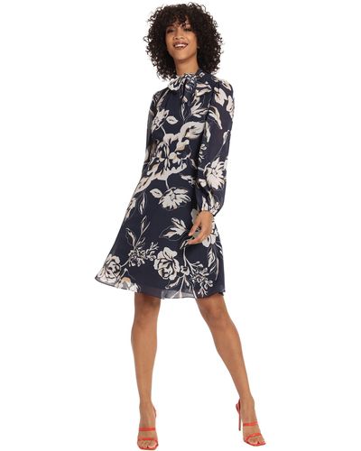 Maggy London Long Sleeve Dress With Mock Neck With Tie - Blue