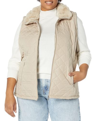 Calvin Klein Plus Size Silver Hardwear Quilted Cozy Fur Collar Everyday Vest - Natural