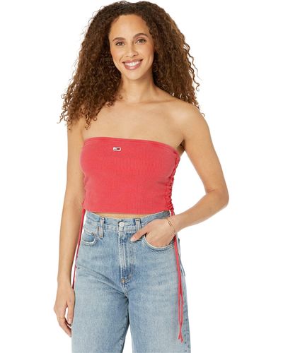 Tommy Hilfiger Crop Top Ribbed Strapless Bandeau - Red