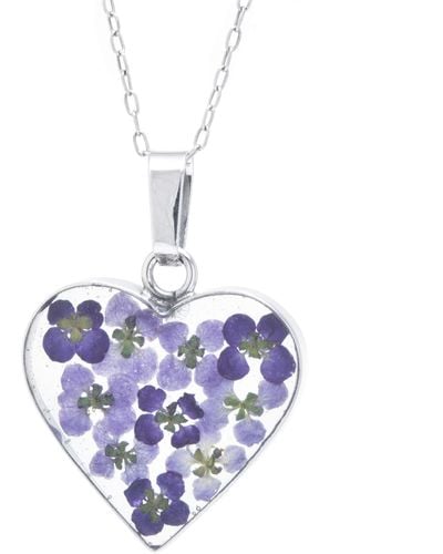 Amazon Essentials Sterling Silver Purple Pressed Flower Heart Pendant Necklace - Blue
