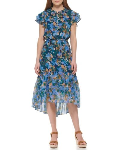 Vince Camuto Casual Tiered Skirt Printed Dress - Blue