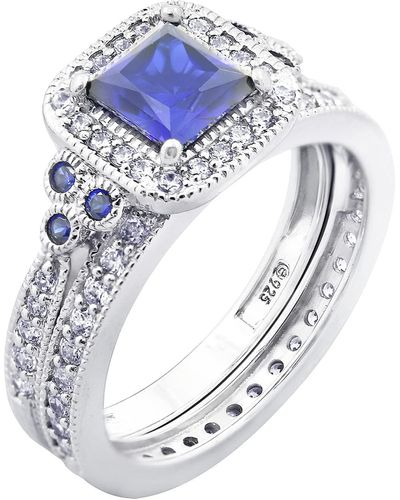 Amazon Essentials Platinum-plated Sterling Silver Princess Created Sapphire Vintage Bridal Set Infinite Elements Cubic Zirconia Ring - Blue