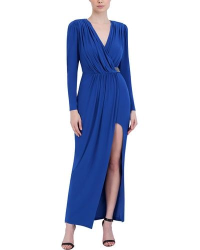 BCBGMAXAZRIA Faux Wrap Sheath Floor Length Evening Dress Long Sleeve Surplice Neck Beaded Belt Front Slit Gown - Blue
