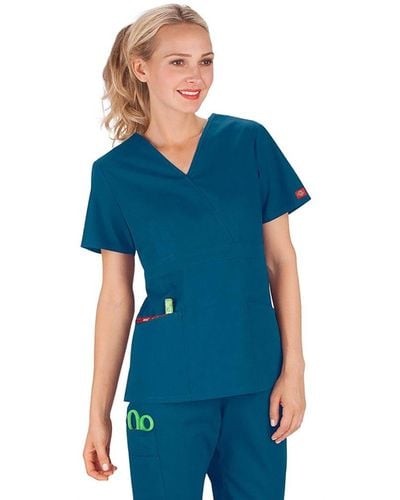 Dickies Womens Signature Mock Wrap Top With Multiple Instrument Loop Medical Scrubs Shirts - Blue