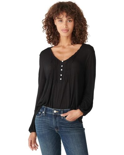 Lucky Brand Womens 3/4 Sleeve V Neck Knit Maya Top Shirt - Black