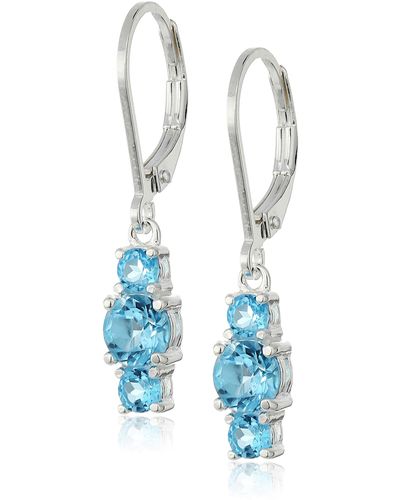 Amazon Essentials Sterling Silver Genuine Swiss Blue Topaz Three Stone Leverback Dangle Earrings