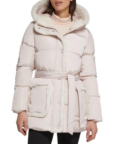 Kenneth Cole Sherpa Trim Puffer With Tie-belt - Natural