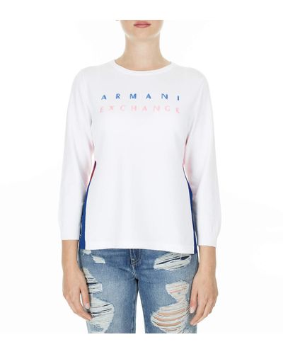 Emporio Armani A|x Armani Exchange 3/4 Sleeve Side Slit Knit Logo Sweater - White