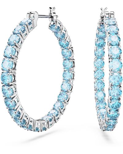 Swarovski Matrix Hoop Earrings With Round Cool Blue Crystals On Rhodium Finished Settings