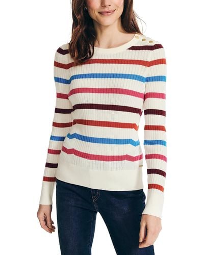 Nautica Sustainably Crafted Striped Crewneck Sweater - Red