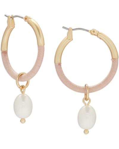 Lucky Brand Tone Cultured Freshwater Pearl Charm Thread-wrapped Hoop Earrings - White