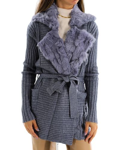La Fiorentina Knit Ribbed Sweater With Rex Rabbit Fur Enveloped Collar - Gray