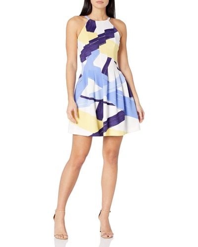 Vince Camuto Printed Scuba Halter Fit And Flare Dress - Blue