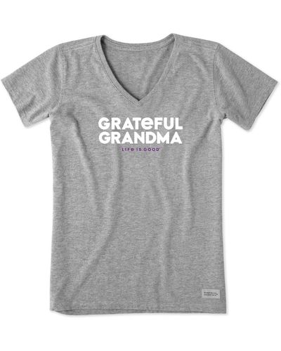 Life Is Good. Grateful Grandma Crusher Vee Shirt-cotton Graphic Tee - Gray