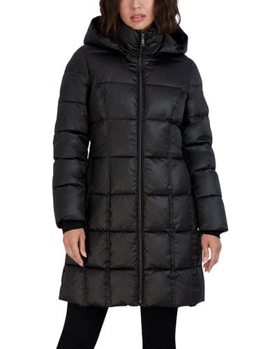 Tahari Maxi Midweight Puffer Jacket Zipper Front Detachable Hood Storm Cuff 36" Coat - Black