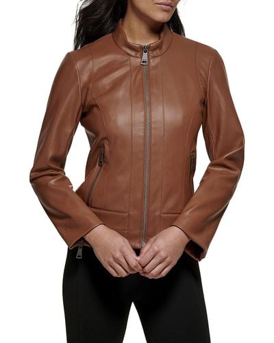 DKNY Faux Leather Front-zip Outerwear Jacket - Brown
