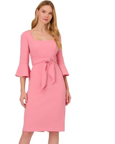 Adrianna Papell Stretch Crepe Bell Sleeve Dress With Scoop Neck Tie Front - Pink