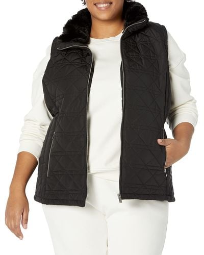 Calvin Klein Plus Size Silver Hardwear Quilted Cozy Fur Collar Everyday Vest - Black
