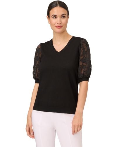 Adrianna Papell 3/4 Floral Burnout Sleeve V-neck Sweater - Black