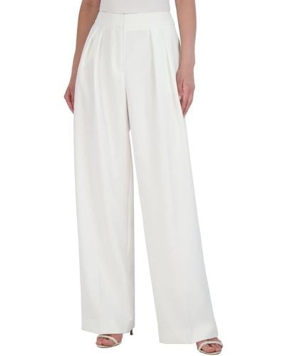 BCBGMAXAZRIA High Waisted Wide Leg Pant Front Pleats Functional Pockets Trouser - White