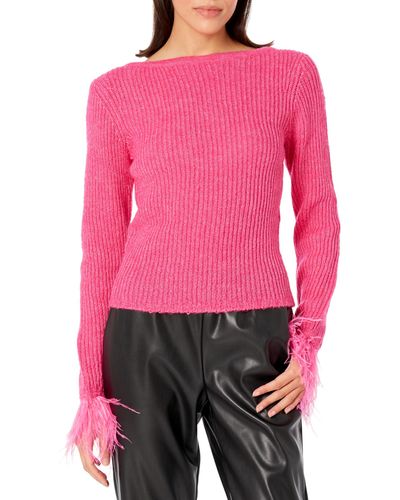 BCBGMAXAZRIA Boat Neck Long Sleeve Feather Cuff Sweater Top - Red