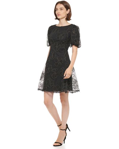 DKNY Puff Sleeve Embroidered Fit & Flare - Black