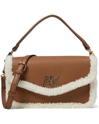 Anne Klein E/w Convertible Sherpa Flap Shoulder Bag With Turn Lock - Brown