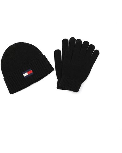 Tommy Hilfiger Emboidered Flag Watch Cap And Glove Set - Black