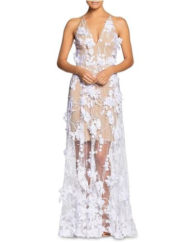 Dress the Population Embellished Plunging Gown Sleeveless Floral Long Dress Dress - White